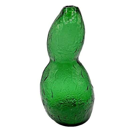 Vintage Hand Blown Art Glass Vase Double Gourd Shape Green Texture Free Form 10" - Picture 5 of 6